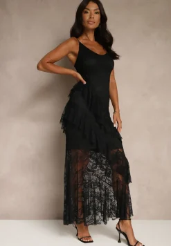 Czarna Koronkowa Sukienka na Ramiączkach Ozdobiona Falbankami Silurelle