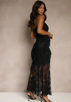 Czarna Koronkowa Sukienka na Ramiączkach Ozdobiona Falbankami Silurelle