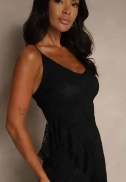 Czarna Koronkowa Sukienka na Ramiączkach Ozdobiona Falbankami Silurelle