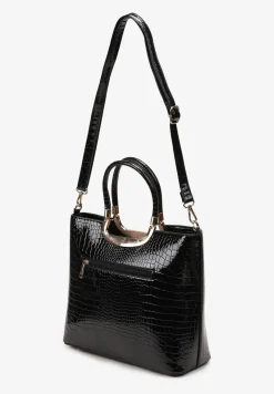 Czarna Lakierowana Torebka Trapezowa z Rączką i Paskiem z Imitacją Skóry Węża Venis