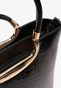 Czarna Lakierowana Torebka Trapezowa z Rączką i Paskiem z Imitacją Skóry Węża Venis