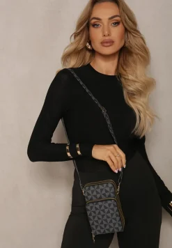 Czarna Mała Torebka Dwukomorowa na Ramię z Geometrycznym Wzorem Rastia