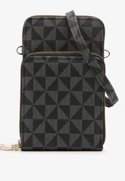 Czarna Mała Torebka Dwukomorowa na Ramię z Geometrycznym Wzorem Rastia
