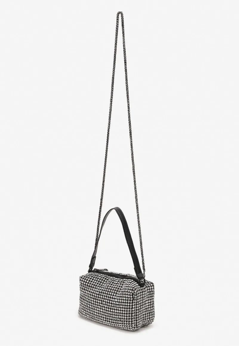 Czarna Mała Torebka w Cyrkonie z Paskiem i Łańcuszkiem Volaria