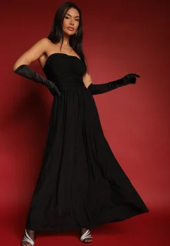 Czarna Marszczona Koktajlowa Sukienka Bandeau z Wiskozą Nalirion