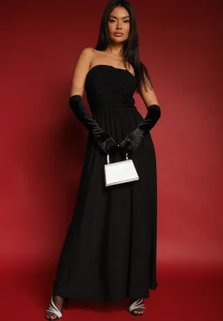 Czarna Marszczona Koktajlowa Sukienka Bandeau z Wiskozą Nalirion