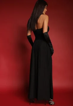 Czarna Marszczona Koktajlowa Sukienka Bandeau z Wiskozą Nalirion