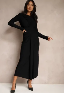 Czarna Marszczona Sukienka o Dopasowanym Kroju z Długim Rękawem i Trenem Sennariel