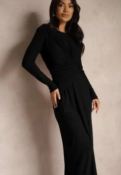 Czarna Marszczona Sukienka o Dopasowanym Kroju z Długim Rękawem i Trenem Sennariel