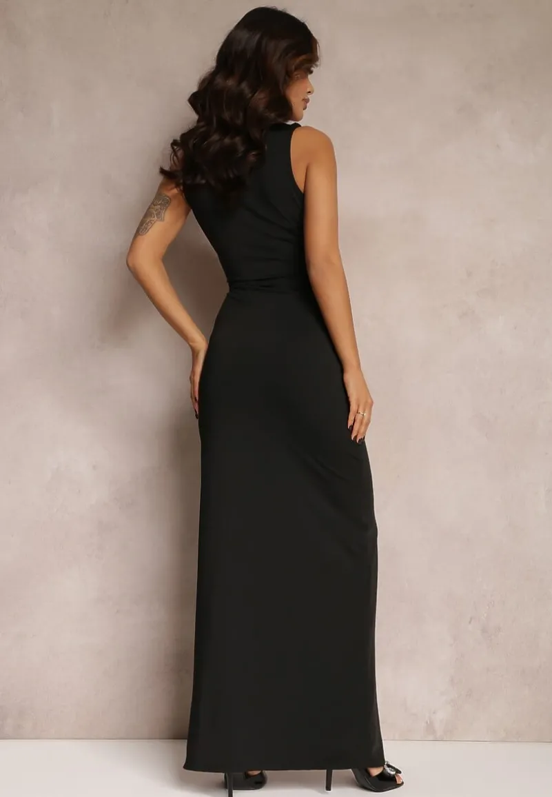 Czarna Marszczona Sukienka z Ozdobnym Rozcięciem Alphophe