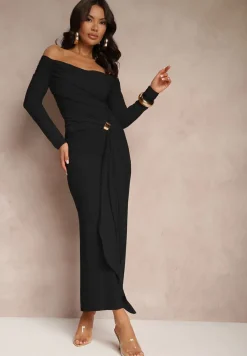 Czarna Marszczona Sukienka o Dopasowanym Kroju z Trenem i Rozcięciem Aluilea