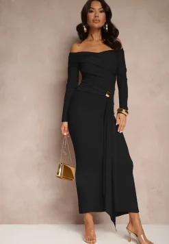 Czarna Marszczona Sukienka o Dopasowanym Kroju z Trenem i Rozcięciem Aluilea
