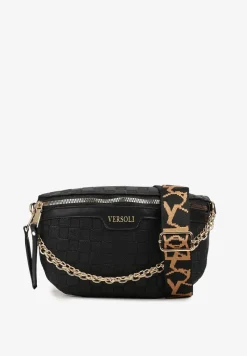 Czarna Nerka z Ozdobnym Napisem Tłoczeniem i Łańcuszkiem Lioquella