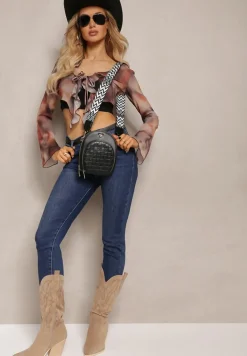 Czarna Owalna Torebka o Małym Fasonie na Ramię z Wzorzystym Paskiem Selaeno