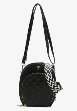 Czarna Owalna Torebka o Małym Fasonie na Ramię z Wzorzystym Paskiem Selaeno