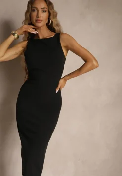 Czarna Ołówkowa Sukienka Bez Rękawów z Wiskozą Zdobiona Rozcięciem z Tyłu Fonama