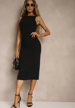 Czarna Ołówkowa Sukienka Bez Rękawów z Wiskozą Zdobiona Rozcięciem z Tyłu Fonama