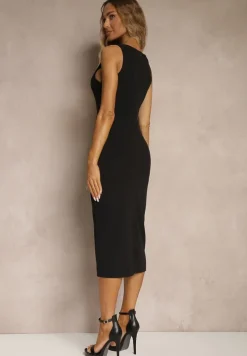 Czarna Ołówkowa Sukienka Bez Rękawów z Wiskozą Zdobiona Rozcięciem z Tyłu Fonama