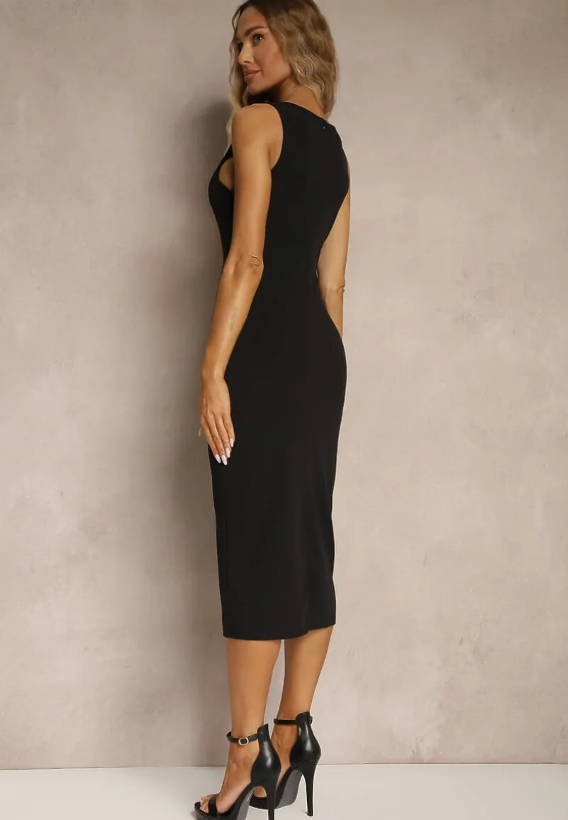 Czarna Ołówkowa Sukienka Bez Rękawów z Wiskozą Zdobiona Rozcięciem z Tyłu Fonama