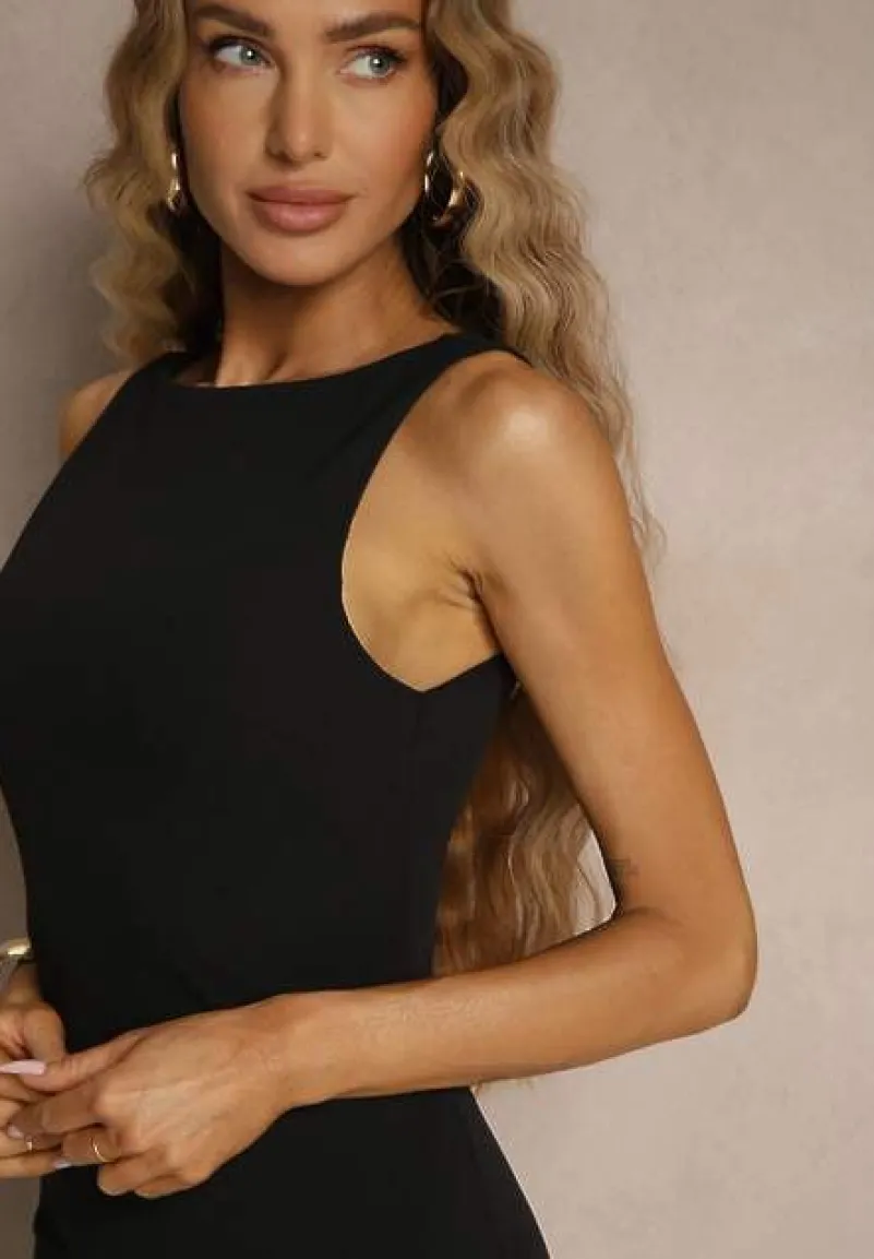 Czarna Ołówkowa Sukienka Bez Rękawów z Wiskozą Zdobiona Rozcięciem z Tyłu Fonama