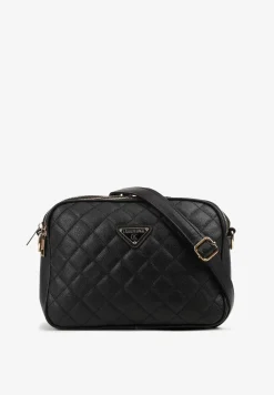 Czarna Pikowana Torebka Ozdobiona Aplikacją i Paskiem z Regulacją Polila