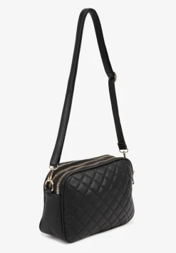 Czarna Pikowana Torebka Ozdobiona Aplikacją i Paskiem z Regulacją Polila