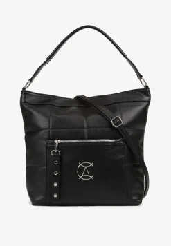 Czarna Pikowana Torebka w Stylu Shopperki z Metaliczną Ozdobą Lanovara