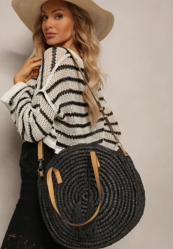 Czarna Pleciona Okrągła Torebka Shopperka z Długimi Rączkami i Paskiem Acelema