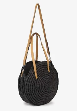 Czarna Pleciona Okrągła Torebka Shopperka z Długimi Rączkami i Paskiem Acelema