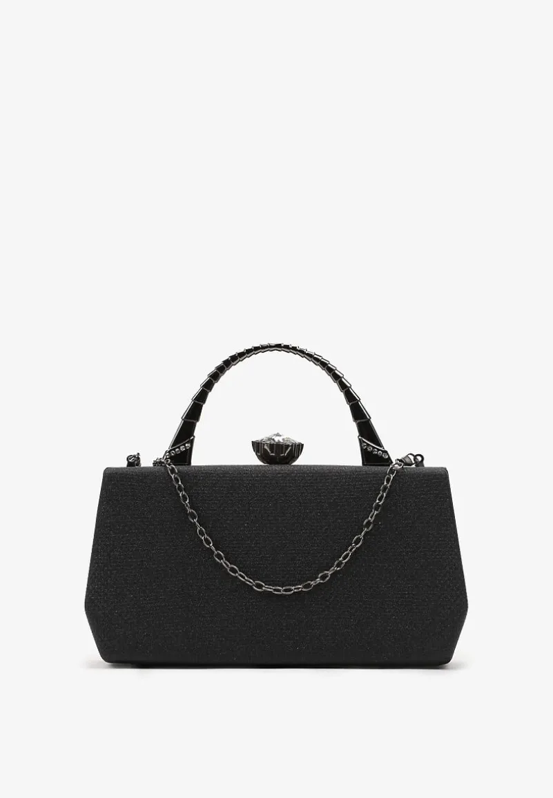 Czarna Połyskująca Torebka Kopertówka z Rączką Bronna