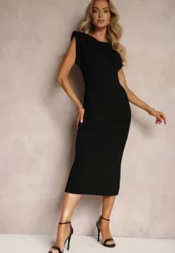 Czarna Prążkowana Sukienka o Dopasowanym Kroju z Rozcięciem Tomeria
