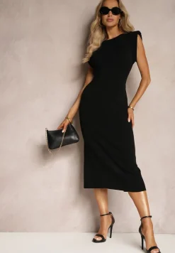 Czarna Prążkowana Sukienka o Dopasowanym Kroju z Rozcięciem Tomeria