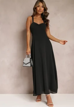 Czarna Rozkloszowana Sukienka Koktajlowa Wiązana na Plecach Malori