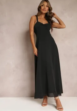 Czarna Rozkloszowana Sukienka Koktajlowa Wiązana na Plecach Malori