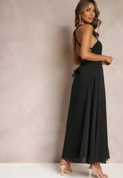 Czarna Rozkloszowana Sukienka Koktajlowa Wiązana na Plecach Malori