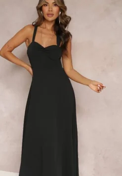 Czarna Rozkloszowana Sukienka Koktajlowa Wiązana na Plecach Malori