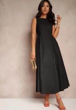 Czarna Rozkloszowana Sukienka Koktajlowa z Bawełny z Dekoltem Łódką i Kieszeniami Fanilra