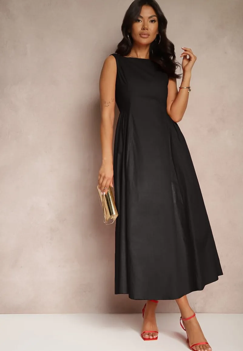 Czarna Rozkloszowana Sukienka Koktajlowa z Bawełny z Dekoltem Łódką i Kieszeniami Fanilra