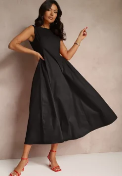 Czarna Rozkloszowana Sukienka Koktajlowa z Bawełny z Dekoltem Łódką i Kieszeniami Fanilra