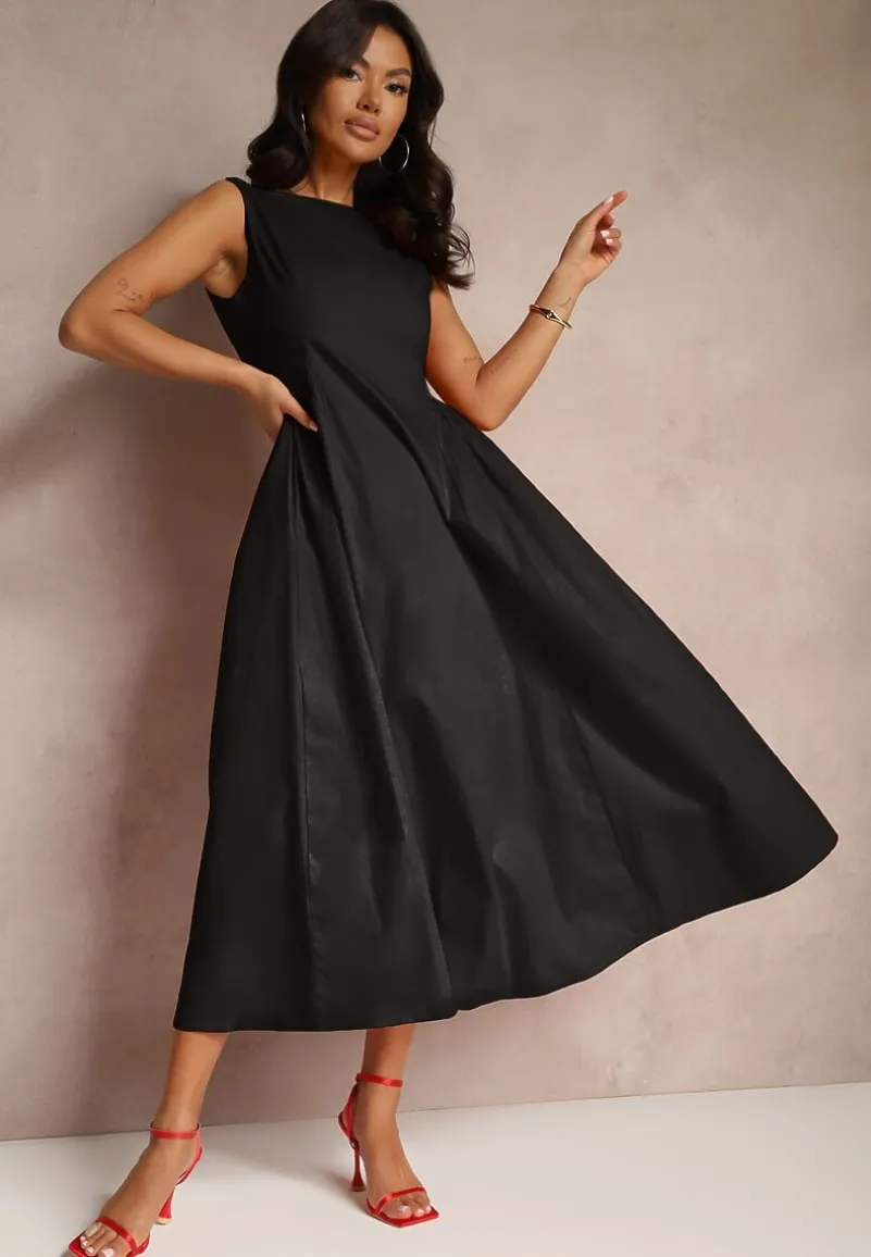 Czarna Rozkloszowana Sukienka Koktajlowa z Bawełny z Dekoltem Łódką i Kieszeniami Fanilra