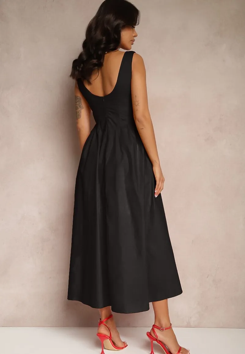 Czarna Rozkloszowana Sukienka Koktajlowa z Bawełny z Dekoltem Łódką i Kieszeniami Fanilra