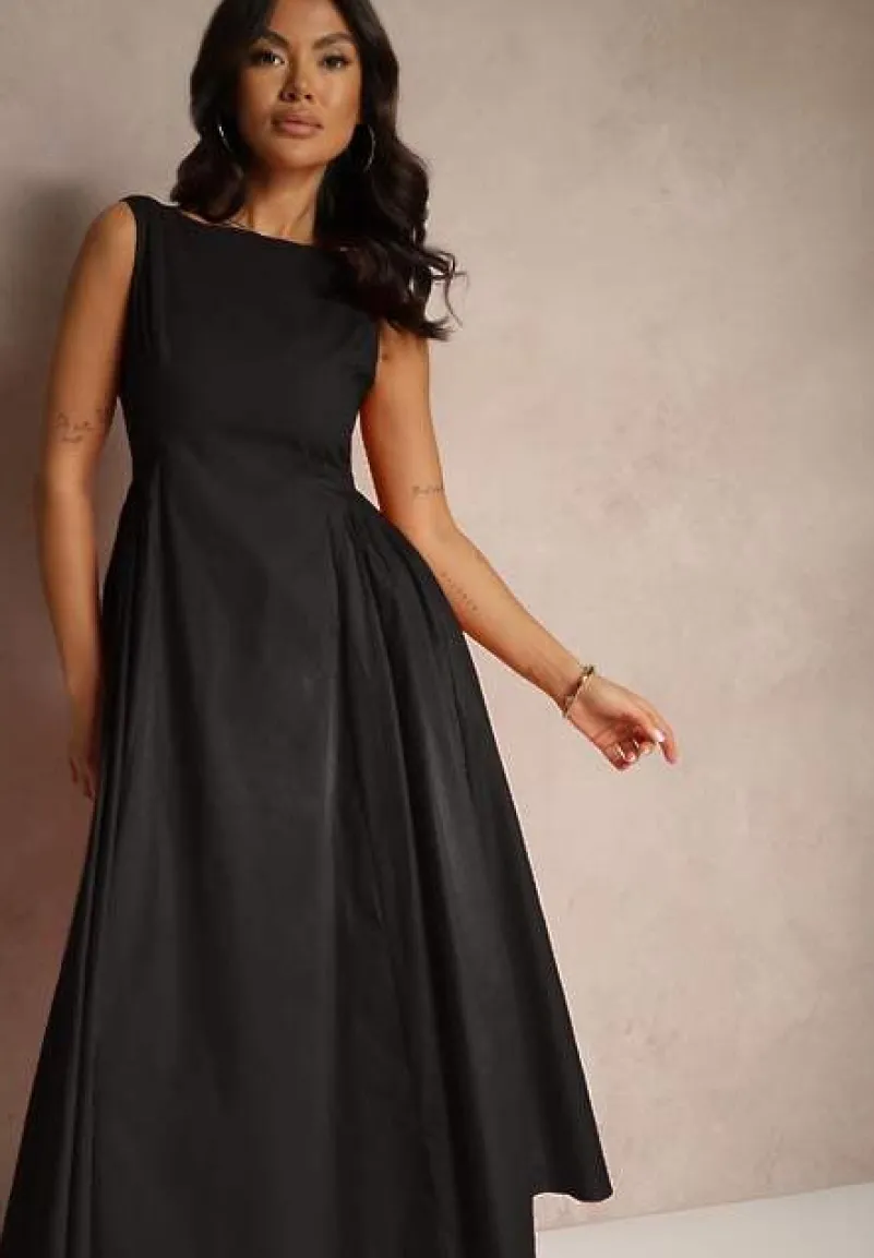 Czarna Rozkloszowana Sukienka Koktajlowa z Bawełny z Dekoltem Łódką i Kieszeniami Fanilra