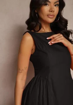 Czarna Rozkloszowana Sukienka Koktajlowa z Bawełny z Dekoltem Łódką i Kieszeniami Fanilra