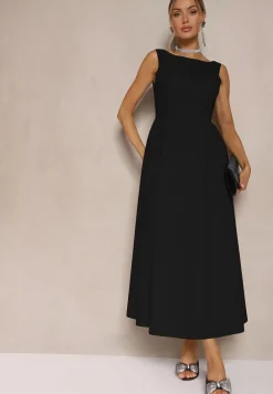 Czarna Rozkloszowana Sukienka z Bawełny Haladrea