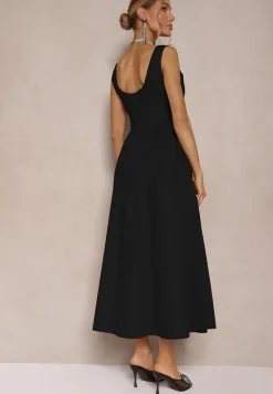 Czarna Rozkloszowana Sukienka z Bawełny Haladrea