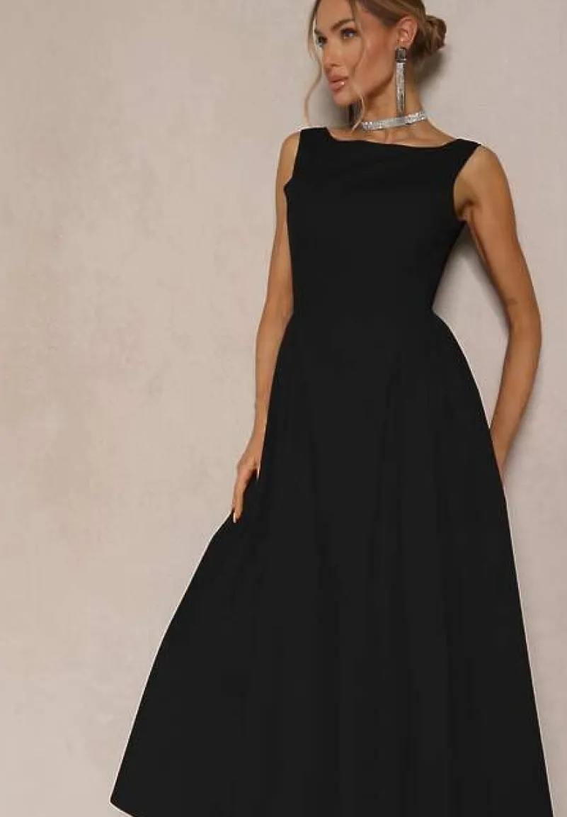 Czarna Rozkloszowana Sukienka z Bawełny Haladrea