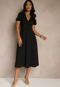 Czarna Rozkloszowana Sukienka Koktajlowa Ozdobiona Wiązaniem Ziverine