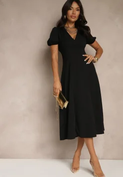 Czarna Rozkloszowana Sukienka Koktajlowa Ozdobiona Wiązaniem Ziverine