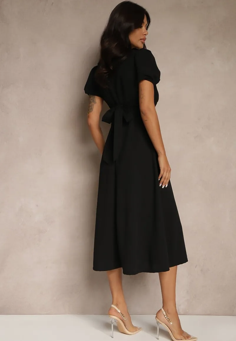 Czarna Rozkloszowana Sukienka Koktajlowa Ozdobiona Wiązaniem Ziverine