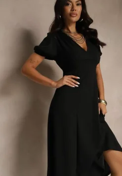 Czarna Rozkloszowana Sukienka Koktajlowa Ozdobiona Wiązaniem Ziverine